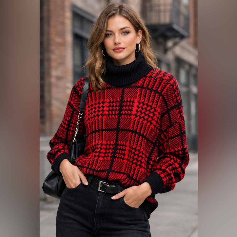 Nuggets‎ Red & Black Geometric Mock Neck Sweater | Size L | Made in USA